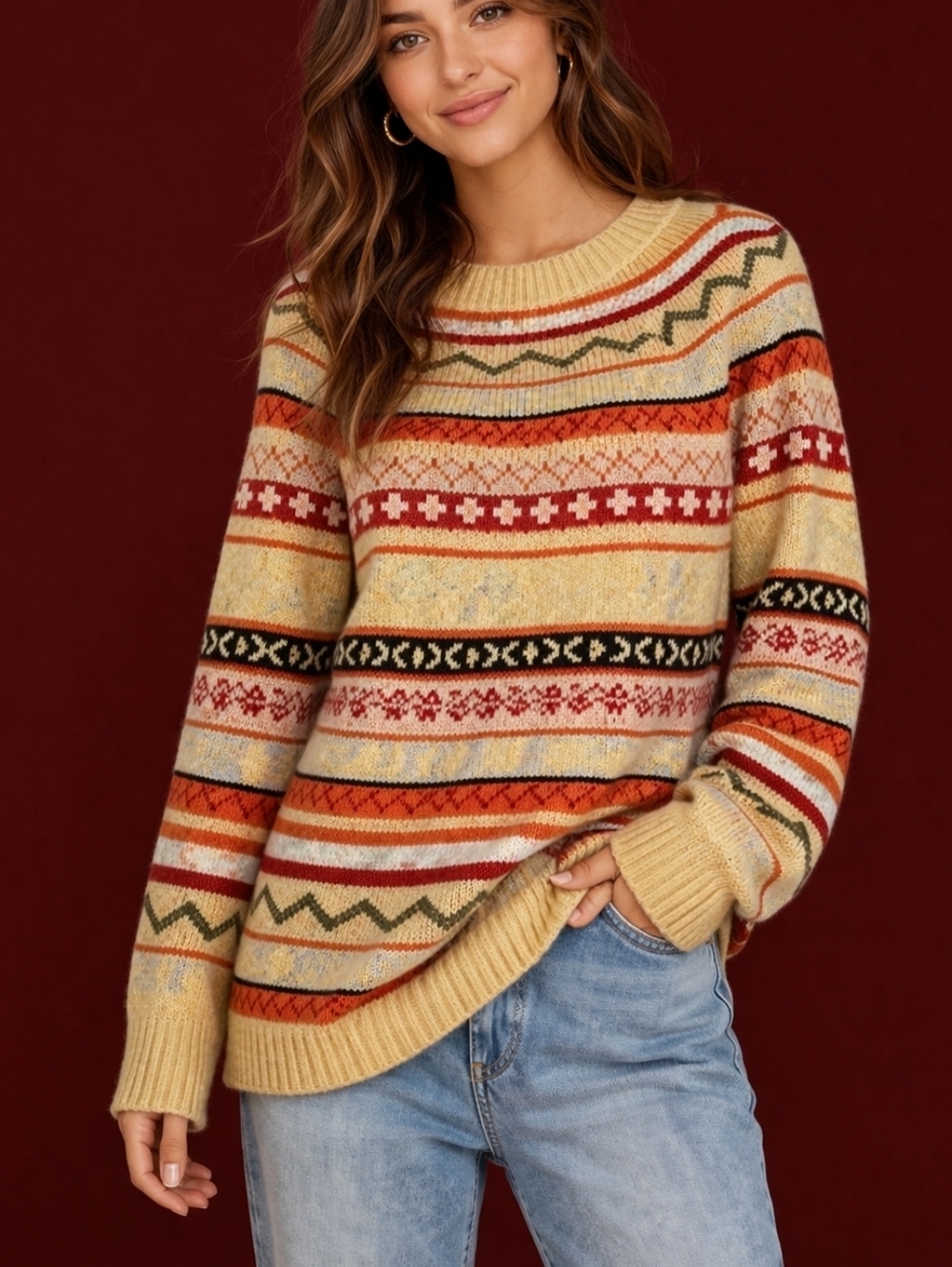 Misslook Colorful Fair Isle Aztec Striped Oversized Ski Sweater
